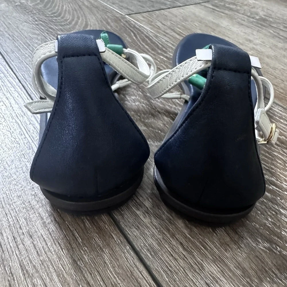 Lauren Ralph Lauren Nanine Leather Sandals Navy White Green Gold Hardware 6B - Picture 4 of 7
